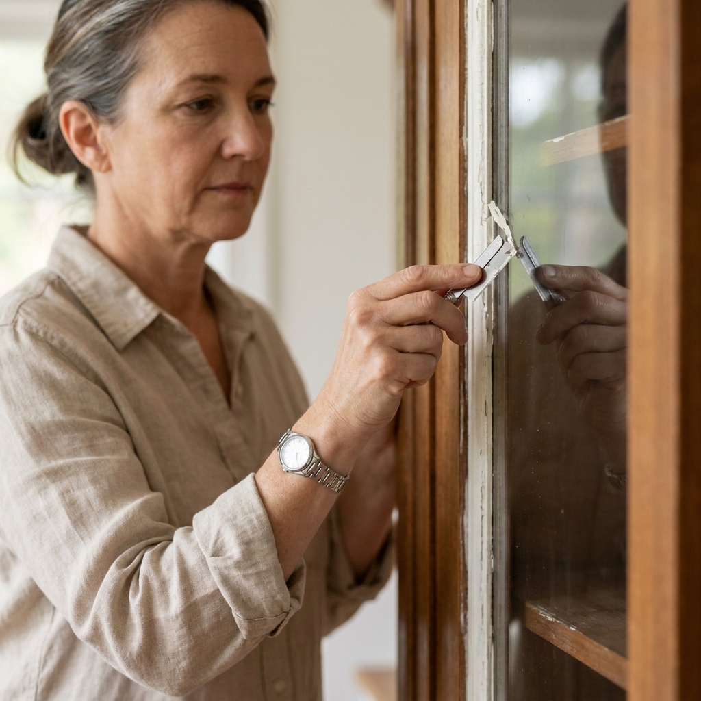 A hand using a small razor scraper to remove a thin line of dried paint from a glass cabinet door panel