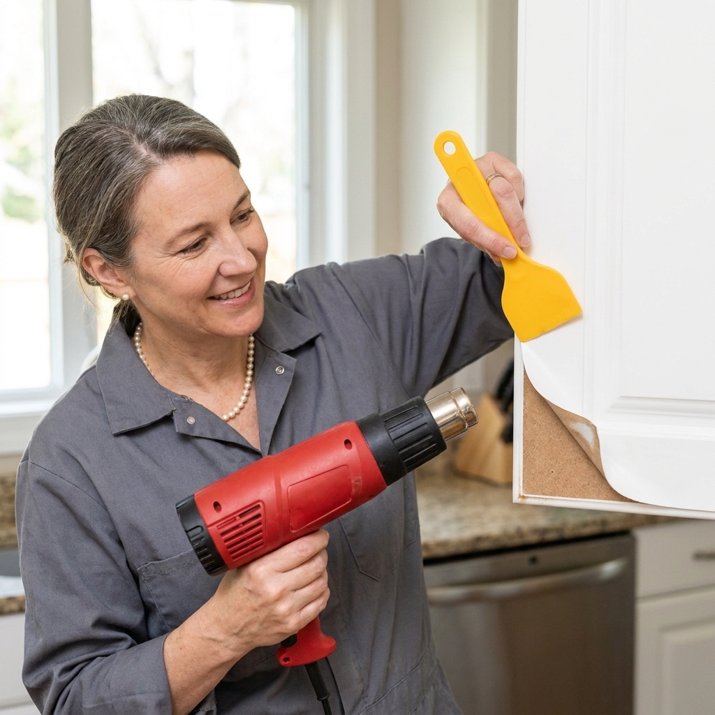 A heat gun aimed at the corner of a cabinet door while a plastic scraper lifts the softened thermofoil edge