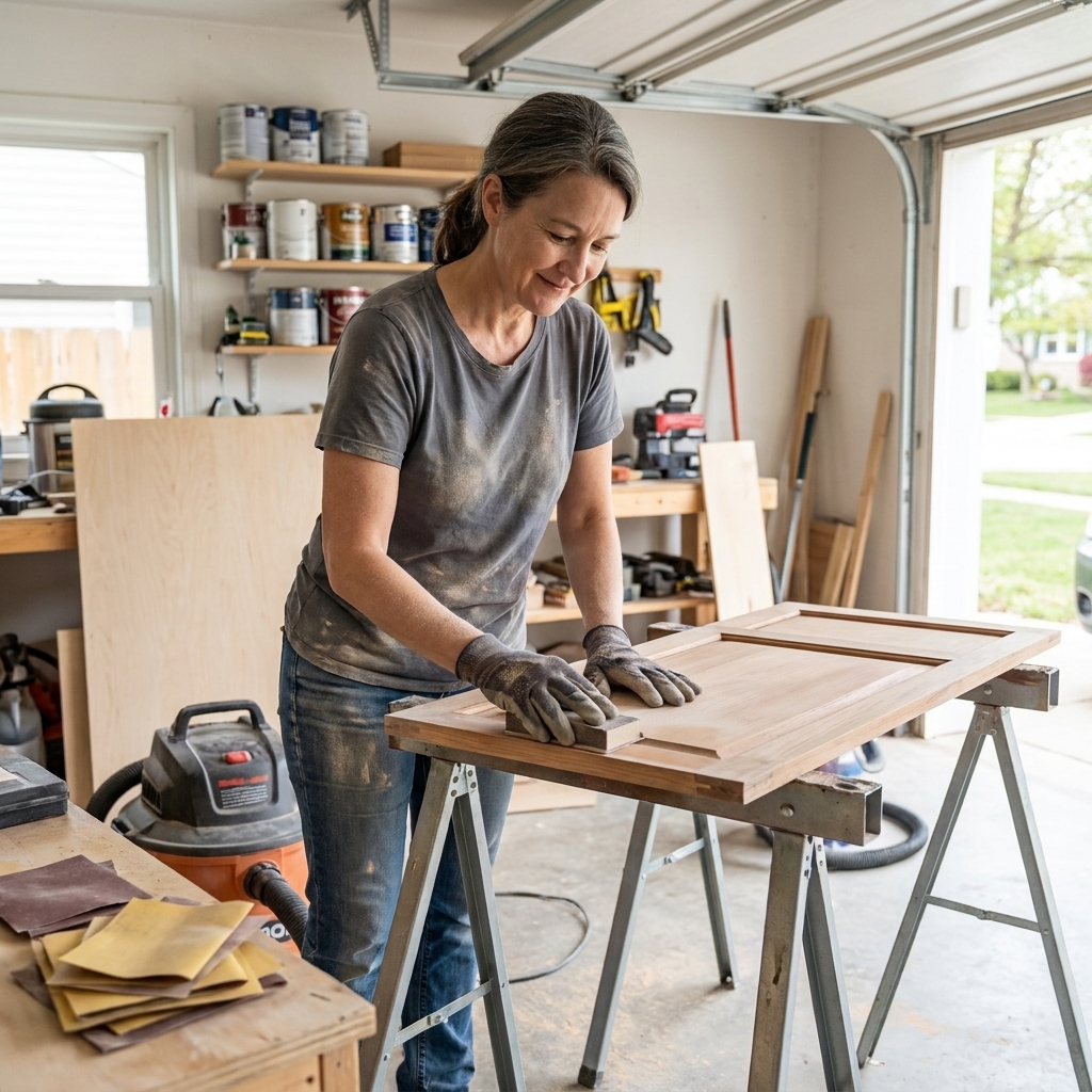 A homeowner sanding a removed cabinet door on sawhorses in a garage, with sandpaper and a vacuum nearby