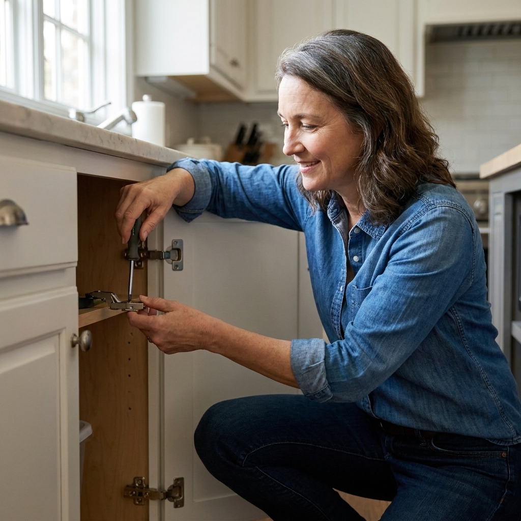 A homeowner using a Phillips screwdriver to adjust a concealed hinge inside a painted kitchen cabinet while the door is open