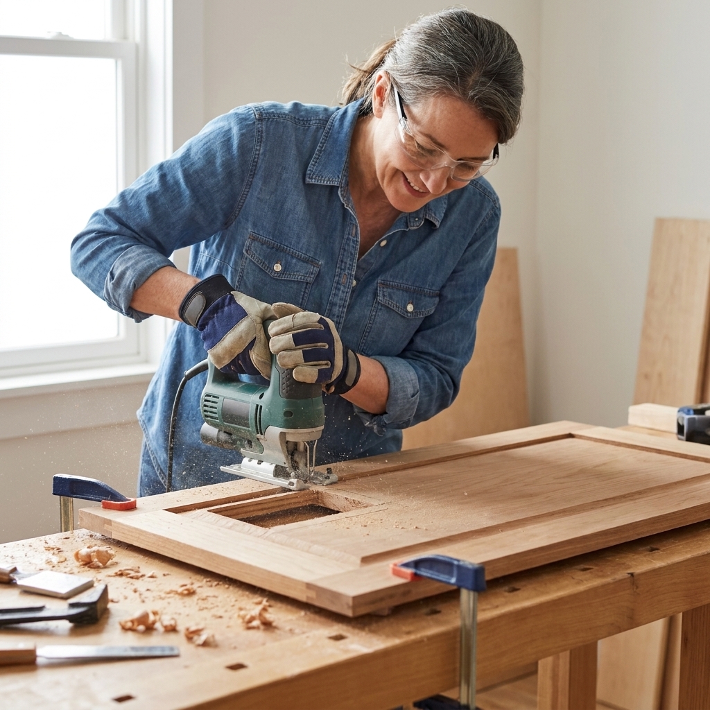 A jigsaw cutting out the center of a cabinet door from the back side while the door is clamped securely to a workbench