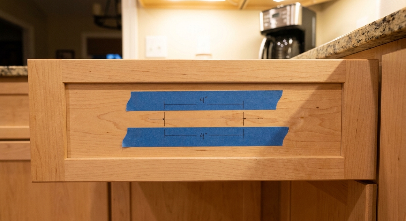 A kitchen cabinet drawer front with blue painter’s tape marking the placement and length of a future pull