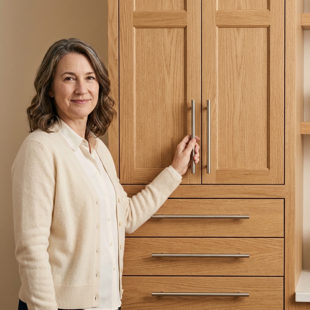 A kitchen cabinet with bar pulls installed on drawers and doors in a consistent pattern