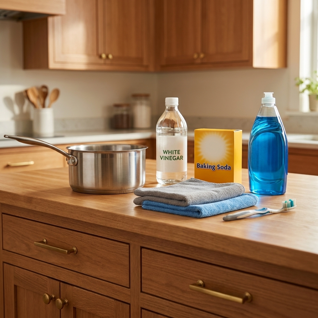 A kitchen counter with a pot, white vinegar, baking soda, dish soap, microfiber cloths, and a toothbrush laid out for cleaning brass cabinet hardware