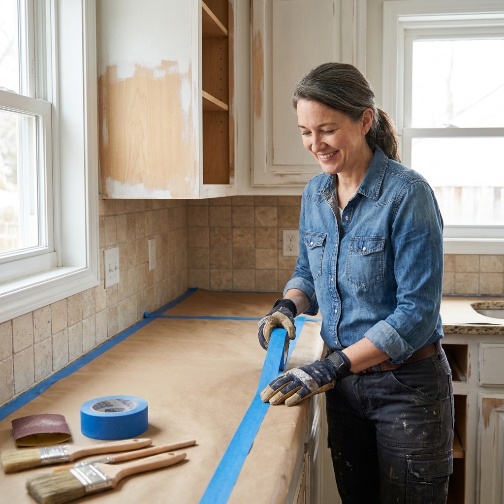A kitchen countertop covered with kraft paper taped along the edges near a backsplash, set up to protect surfaces during cabinet painting
