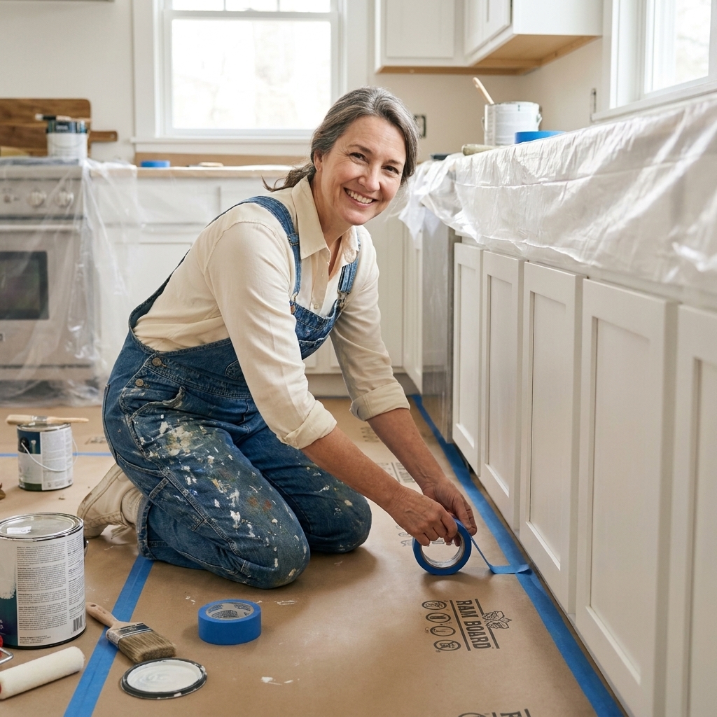 A kitchen floor covered with ram board taped at the seams, running along the base cabinets to protect the floor during cabinet painting