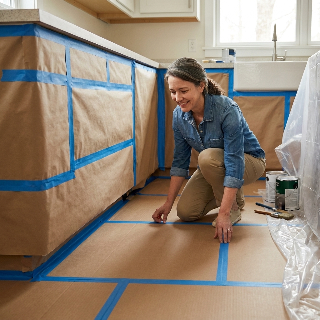 A kitchen floor covered with rigid floor protection boards taped at the seams, with base cabinets masked off for a cabinet painting and refinishing project