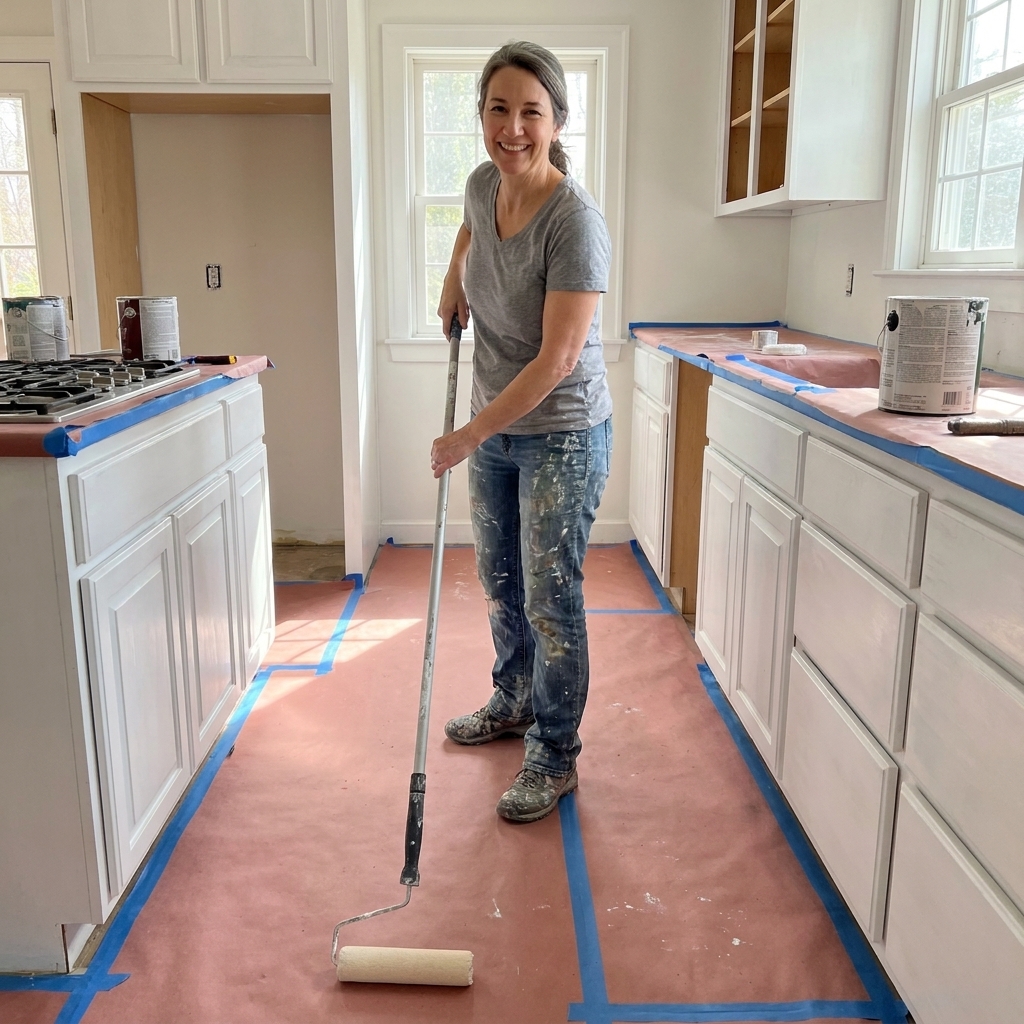 A kitchen floor protected with rosin paper taped at seams and edges, forming a straight walkway in front of base cabinets during a painting project