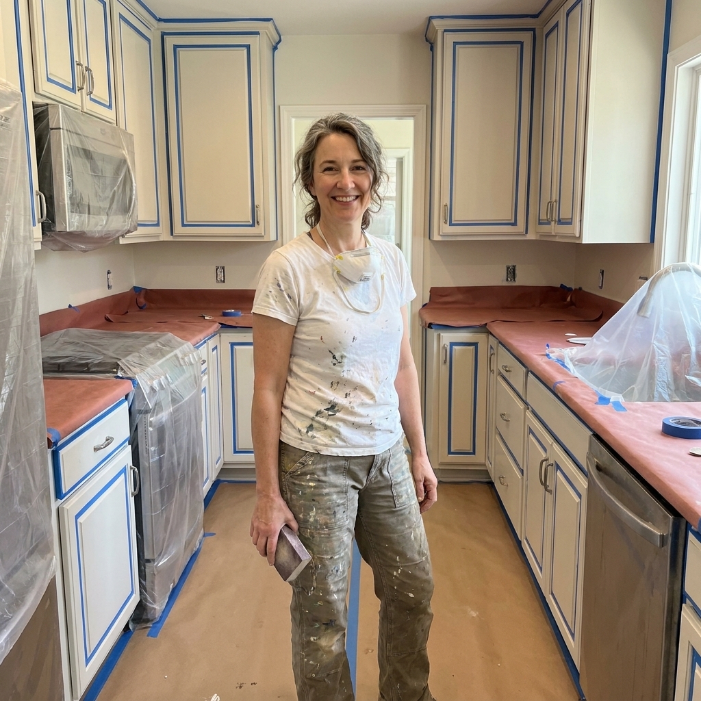 A kitchen fully prepped for cabinet painting with floors covered, countertops papered, appliances wrapped in plastic, and cabinet frames taped off neatly