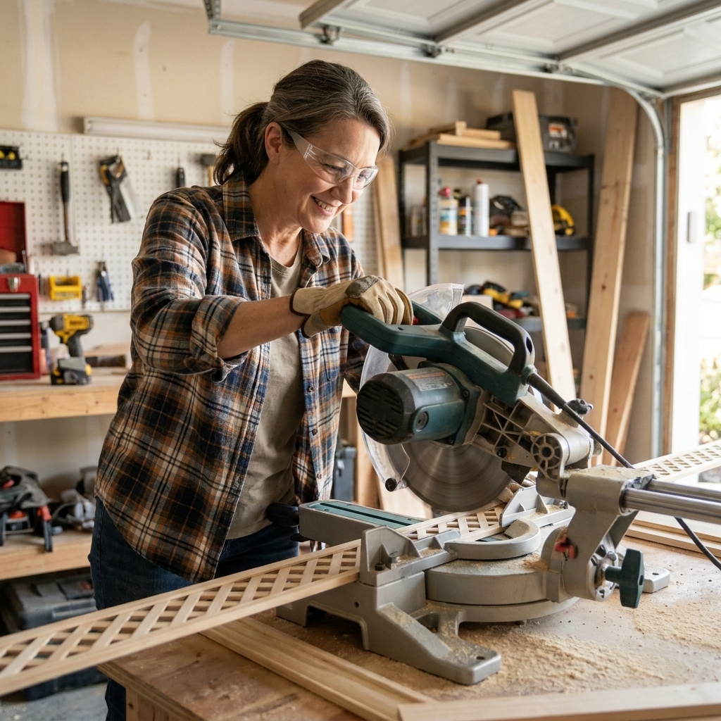 A miter saw cutting a thin strip of lattice molding on a garage workbench, hands positioned safely away from the blade