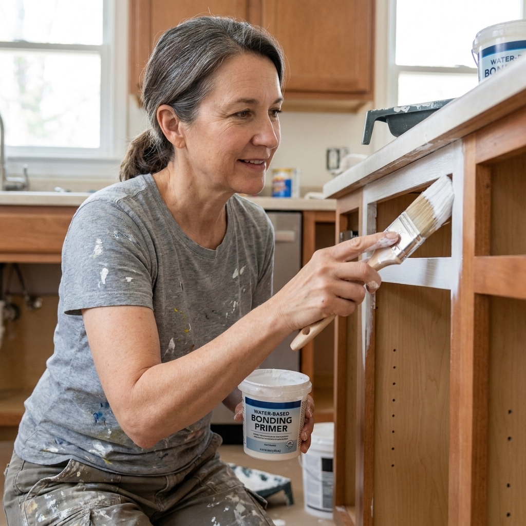 A paint brush cutting in water-based bonding primer along the inside edge of a kitchen cabinet frame