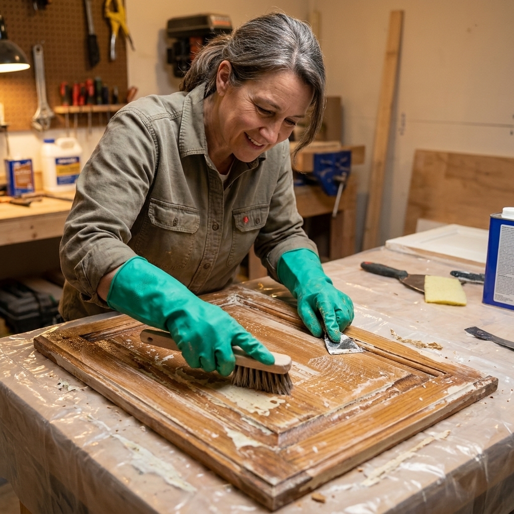 A pair of thick chemical-resistant gloves being worn while scrubbing gel paint stripper off a cabinet door laid flat on a plastic-covered work surface