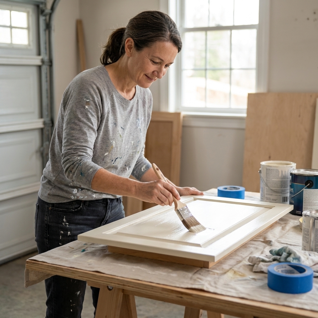 A person applying paint with a high-quality angled brush to a detached kitchen cabinet door resting on a work surface