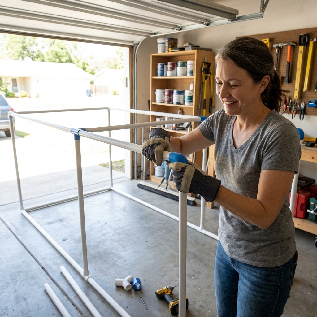 A person assembling a rectangular PVC pipe frame in a garage, with elbows and T fittings forming a simple walk-in spray booth skeleton