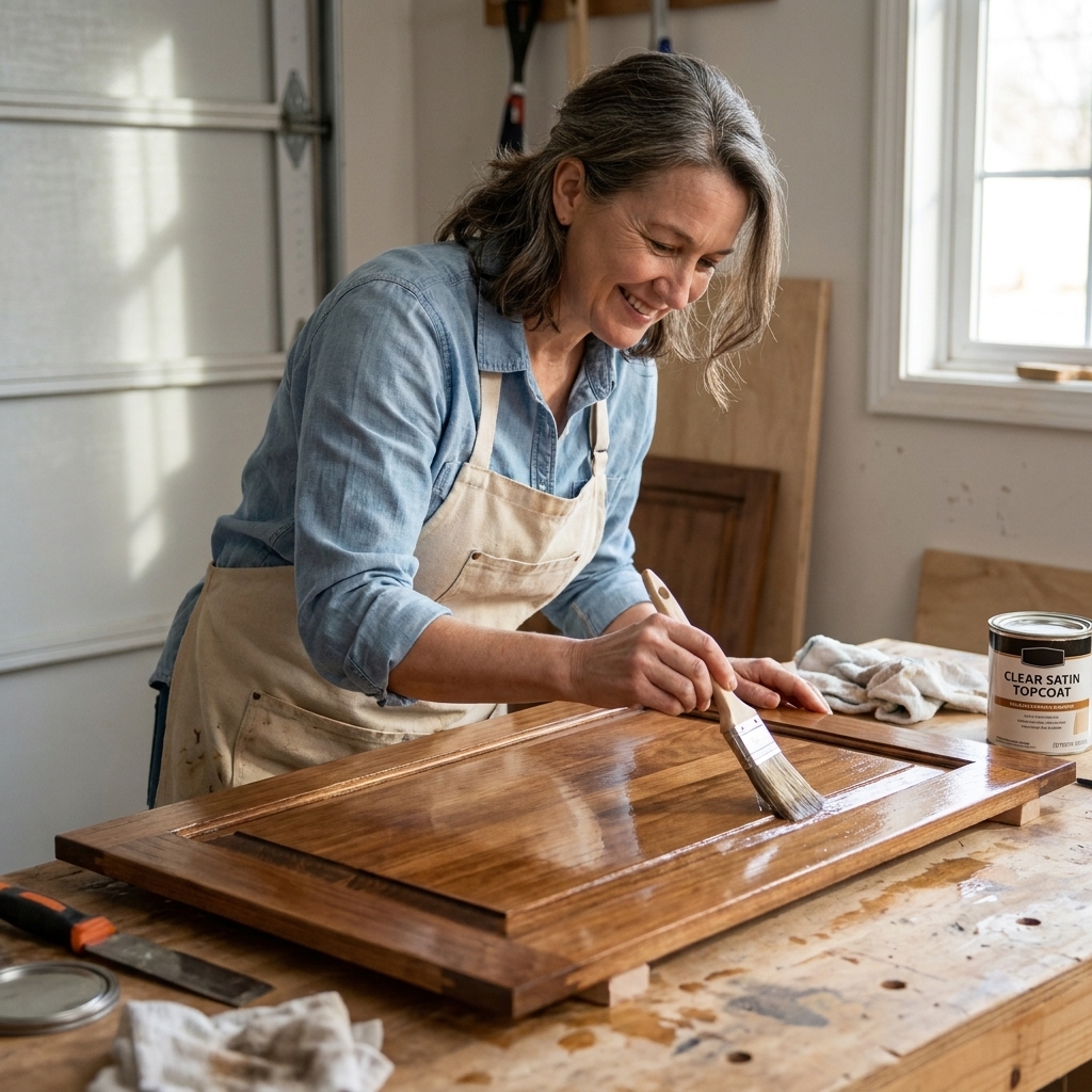 A person brushing a clear topcoat onto a stained cabinet door laid flat on a workbench, with a wet glossy sheen visible