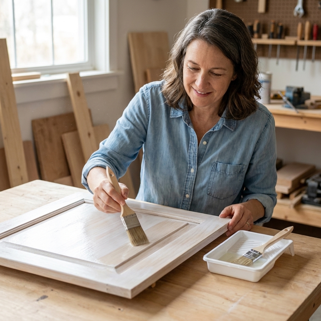 A person brushing a clear water-based topcoat onto a whitewashed cabinet door laid flat, with a small paint tray nearby