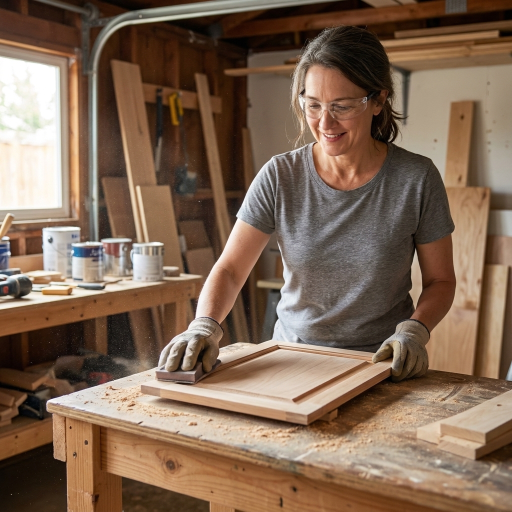 A person hand-sanding a flat cabinet door panel with a sanding block on a workbench in a garage, preparing it for primer