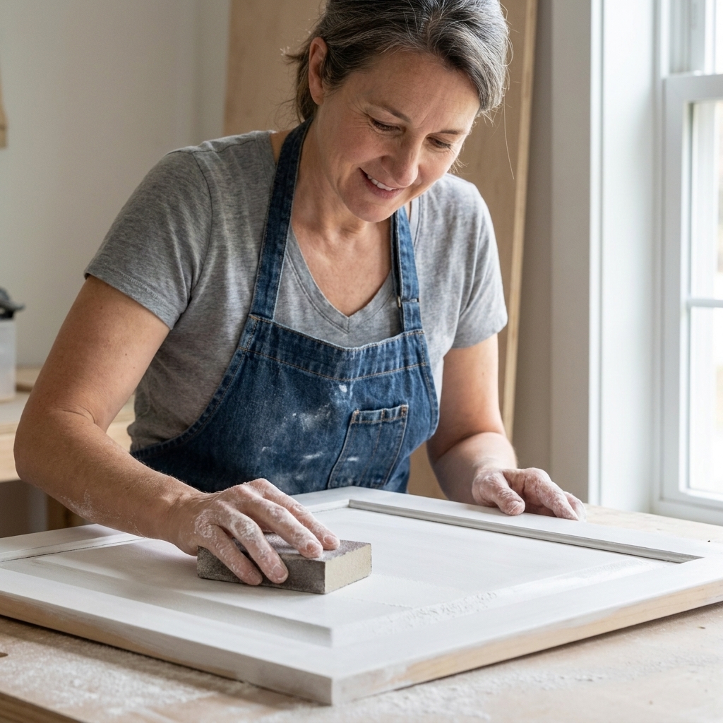 A person hand sanding a primed cabinet door with a fine-grit sanding block, with white primer dust visible on the surface