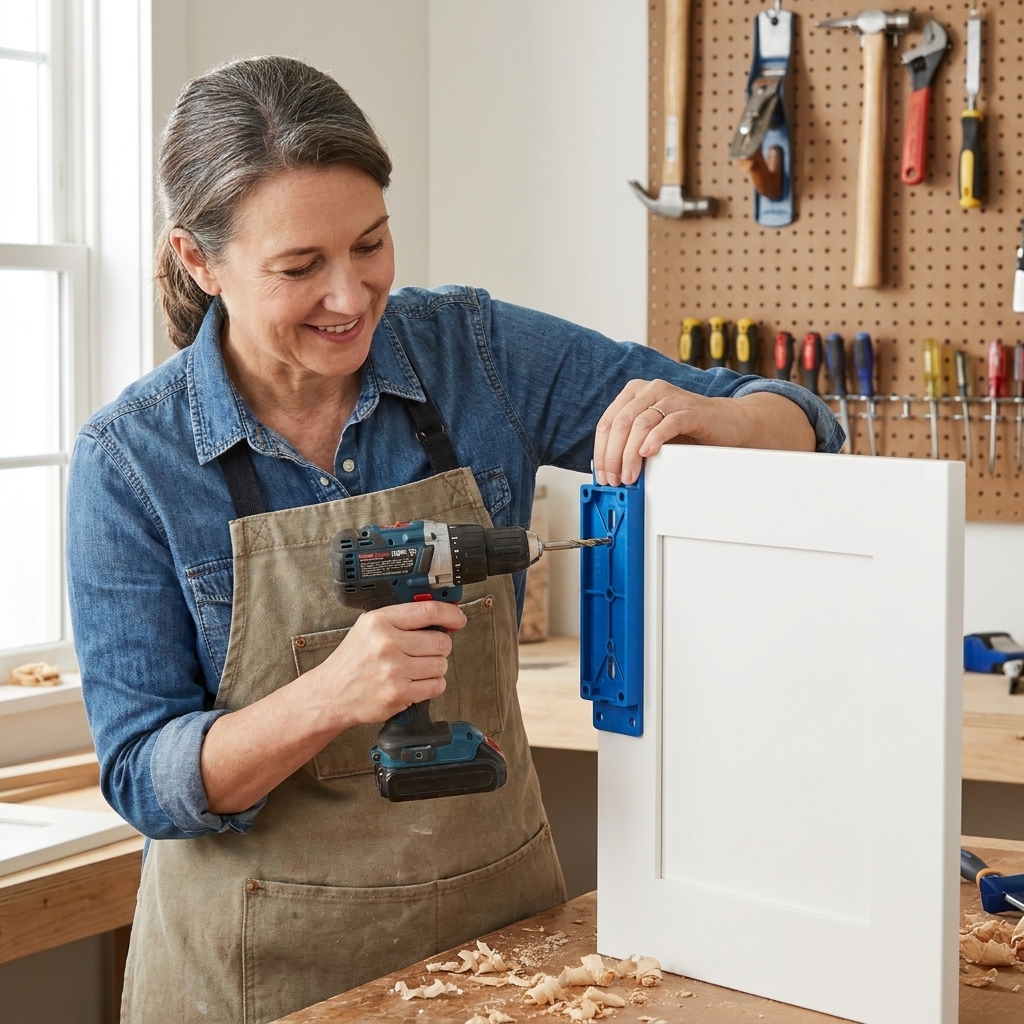 A person holding a cabinet hardware drilling jig against a shaker cabinet door, positioned to drill new holes for a pull