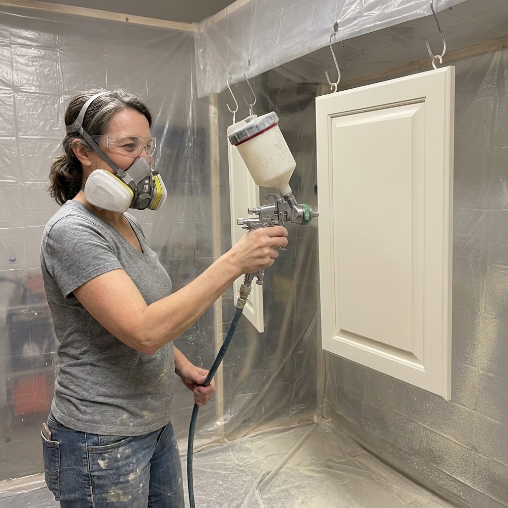 A person holding an HVLP paint sprayer and applying an even coat to a cabinet door hanging from hooks in a garage spray area