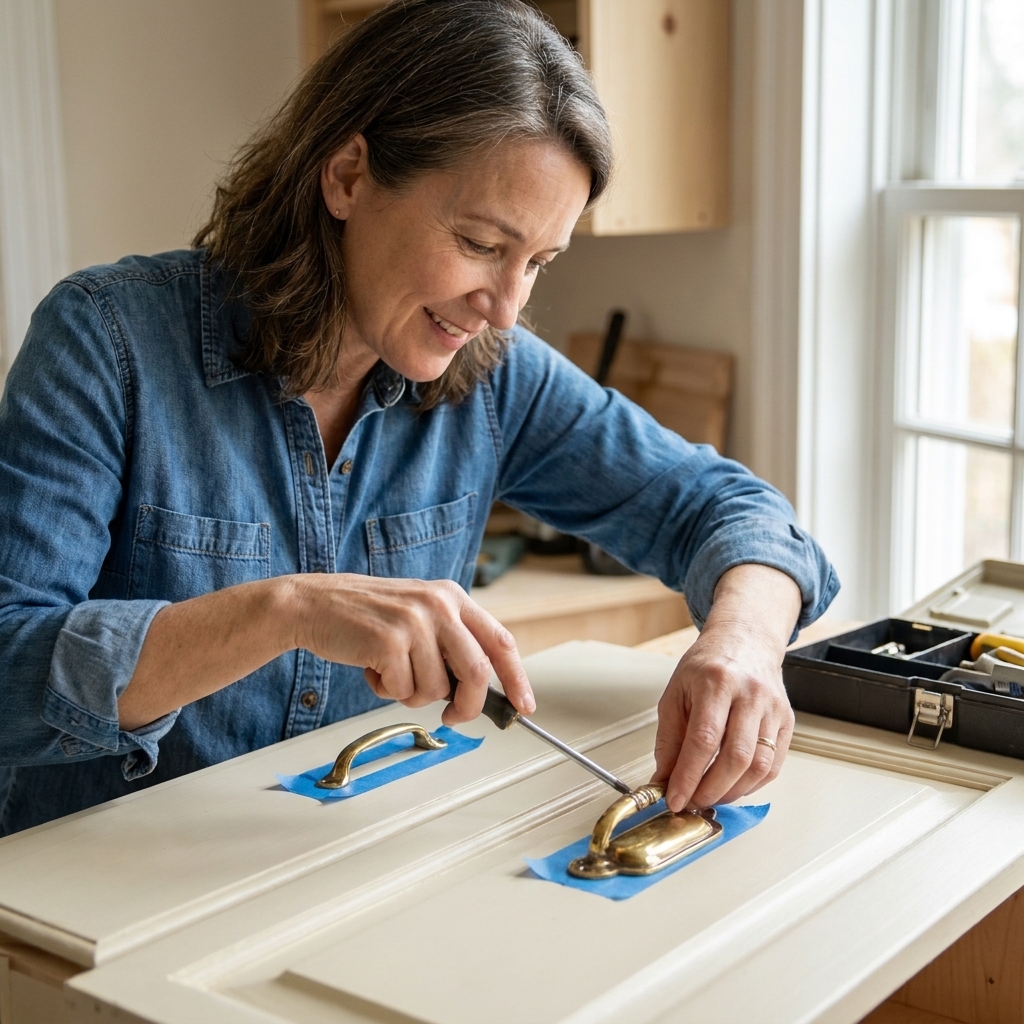 A person installing a cleaned vintage brass cabinet pull onto a painted cabinet drawer using a screwdriver, with painter’s tape protecting the paint around the holes