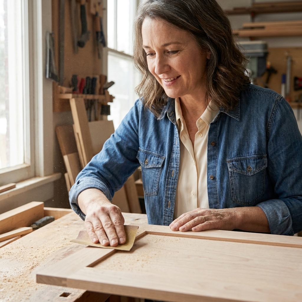 A person lightly sanding an unfinished shaker cabinet door on a workbench with fine sandpaper, dust visible on the surface