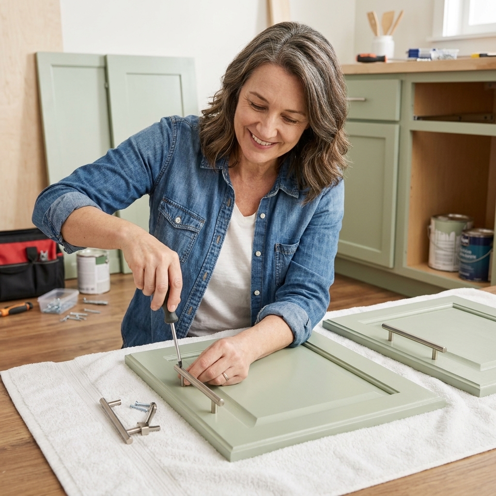 A person reinstalling modern cabinet pulls on freshly painted cabinet doors using a screwdriver, with doors resting on a soft towel