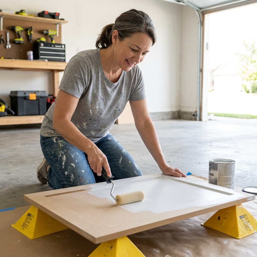 A person rolling primer onto a bare MDF cabinet door laid flat on painter's pyramids in a garage