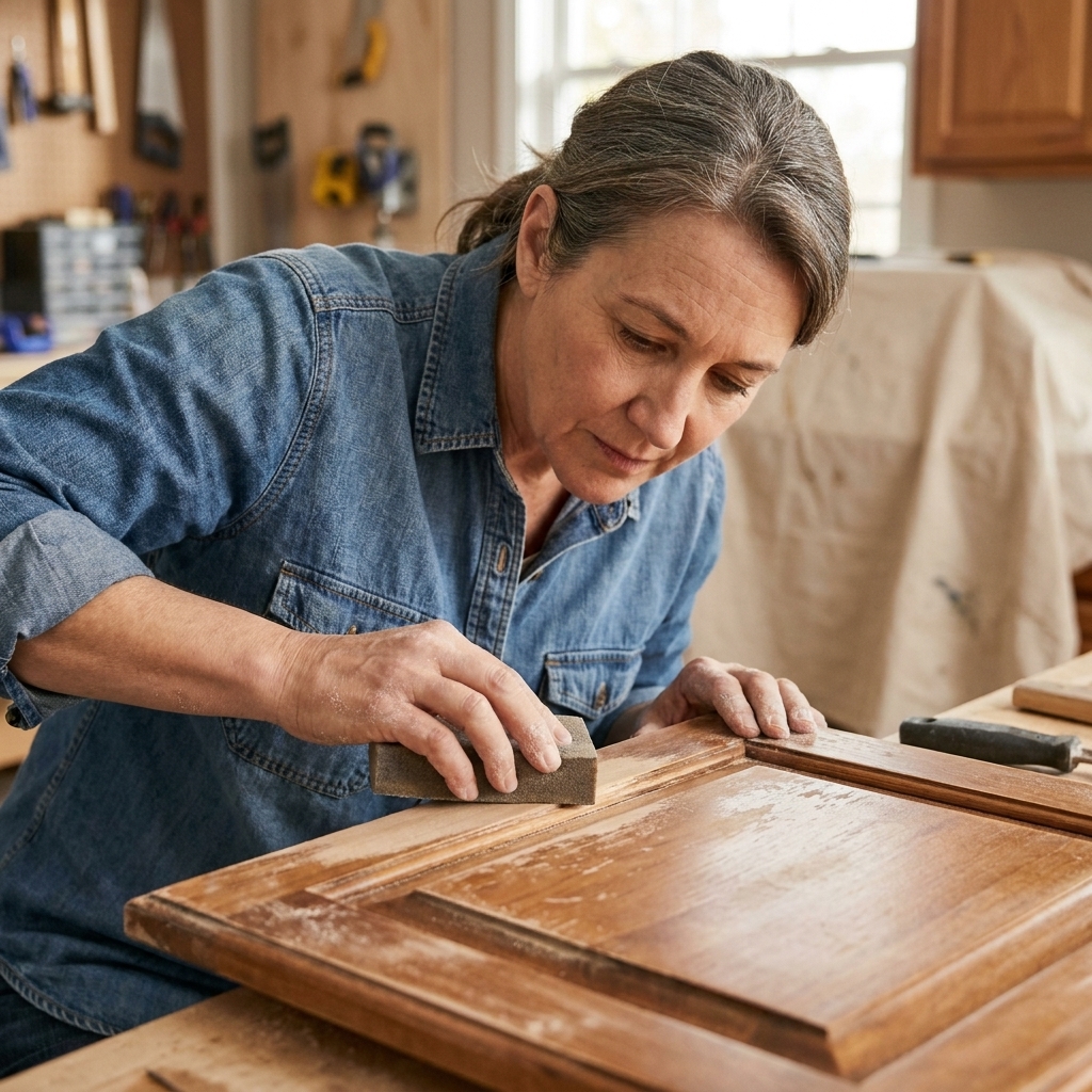 A person sanding a kitchen cabinet door with a sanding sponge, focusing on the raised panel edge where paint tends to fail