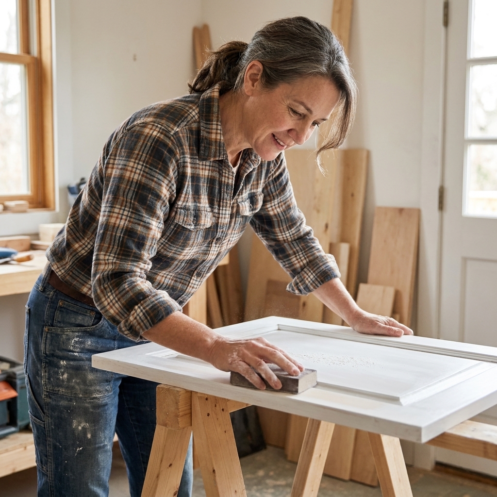 A person sanding a painted cabinet door on sawhorses using a sanding block, with fine dust visible on the surface