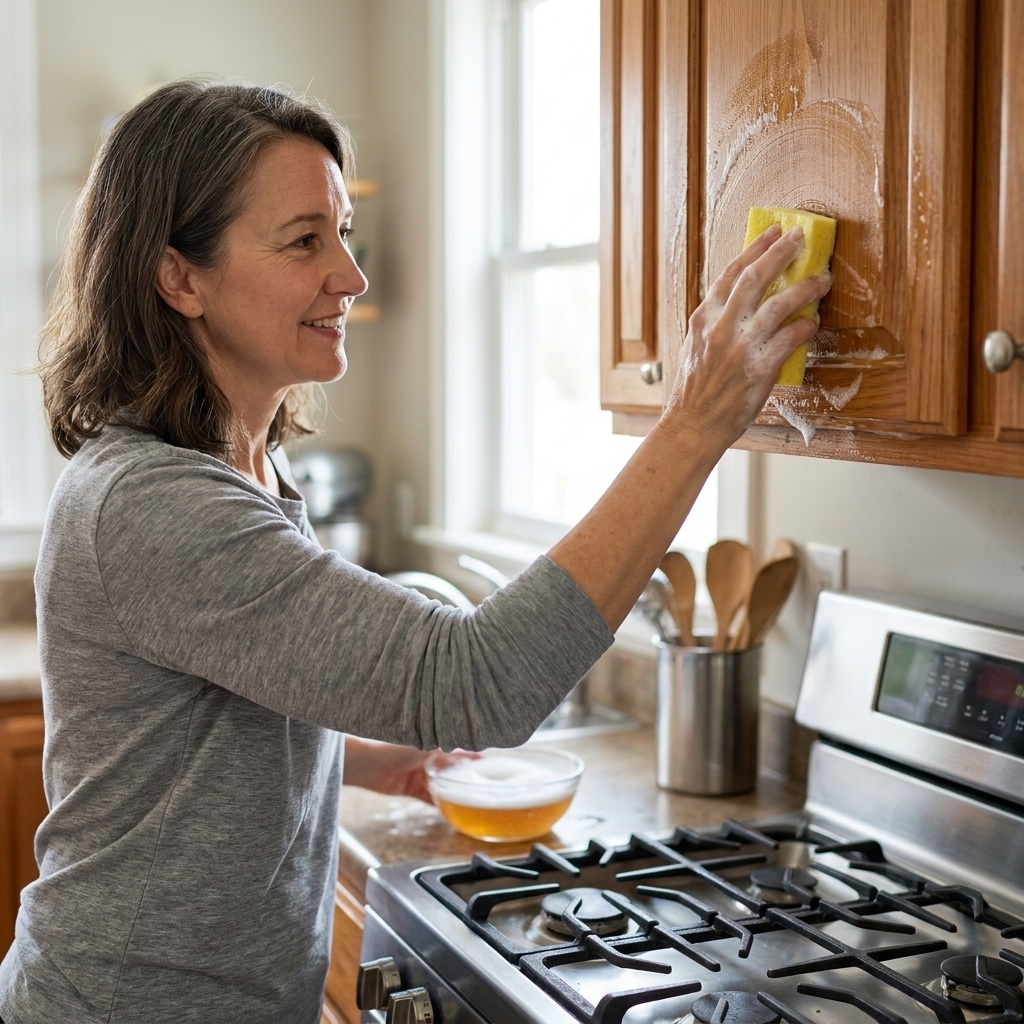 A person scrubbing the cabinet door above a kitchen stove with a non-scratch sponge and warm soapy water, focusing on greasy buildup