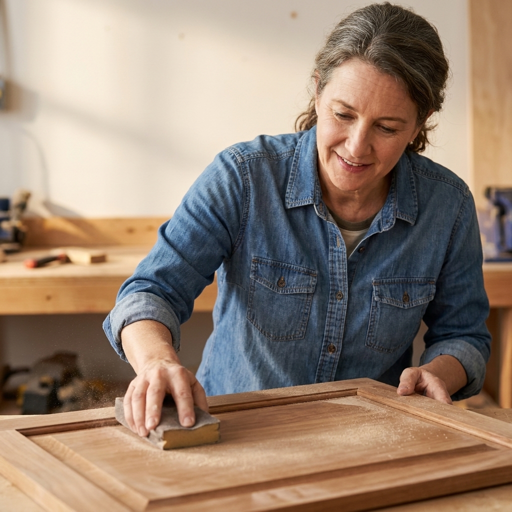 A person scuff sanding a raised-panel cabinet door with a sanding sponge, with fine dust visible on the surface