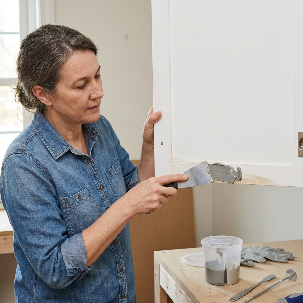 A person spreading two-part epoxy wood filler along the swollen bottom edge of an MDF cabinet door with a metal putty knife