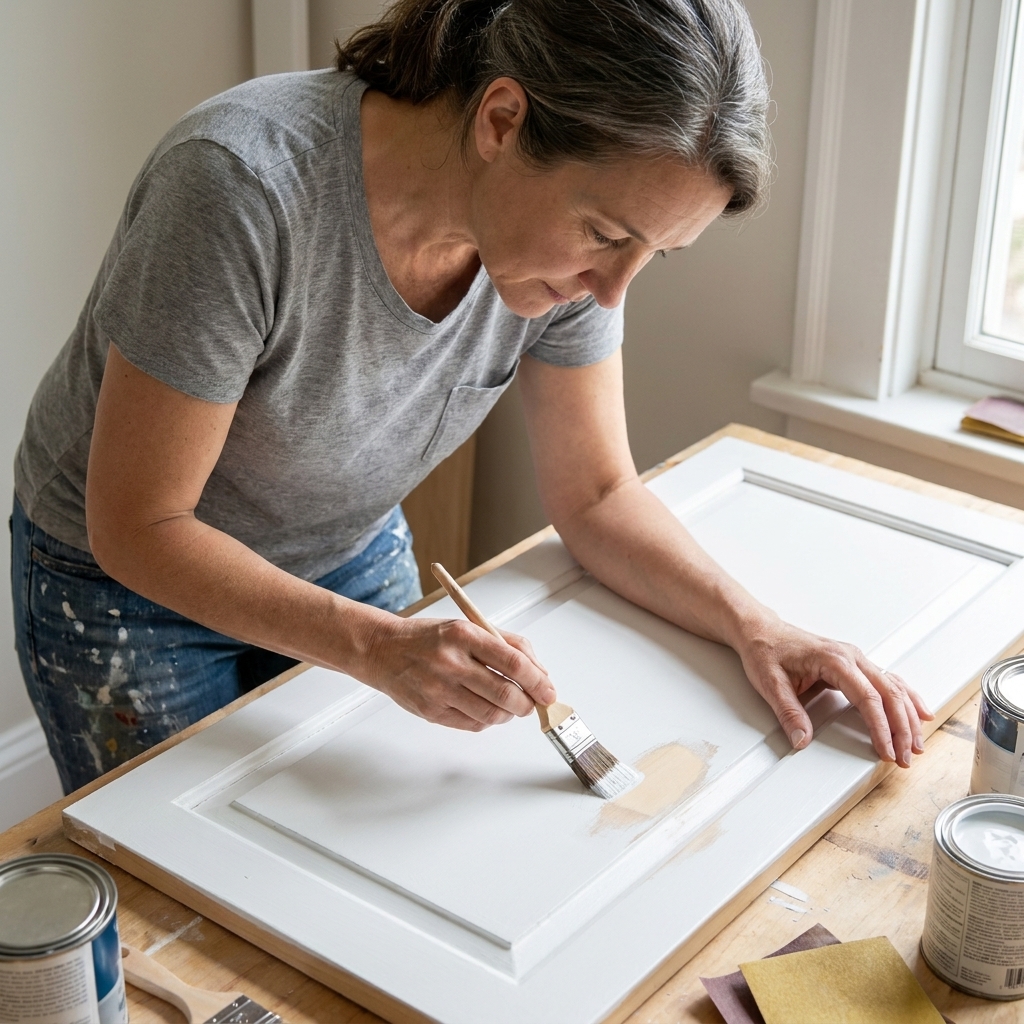 A person using a small angled brush to repaint a sanded repair area on a white cabinet door, with the door lying flat on a work surface