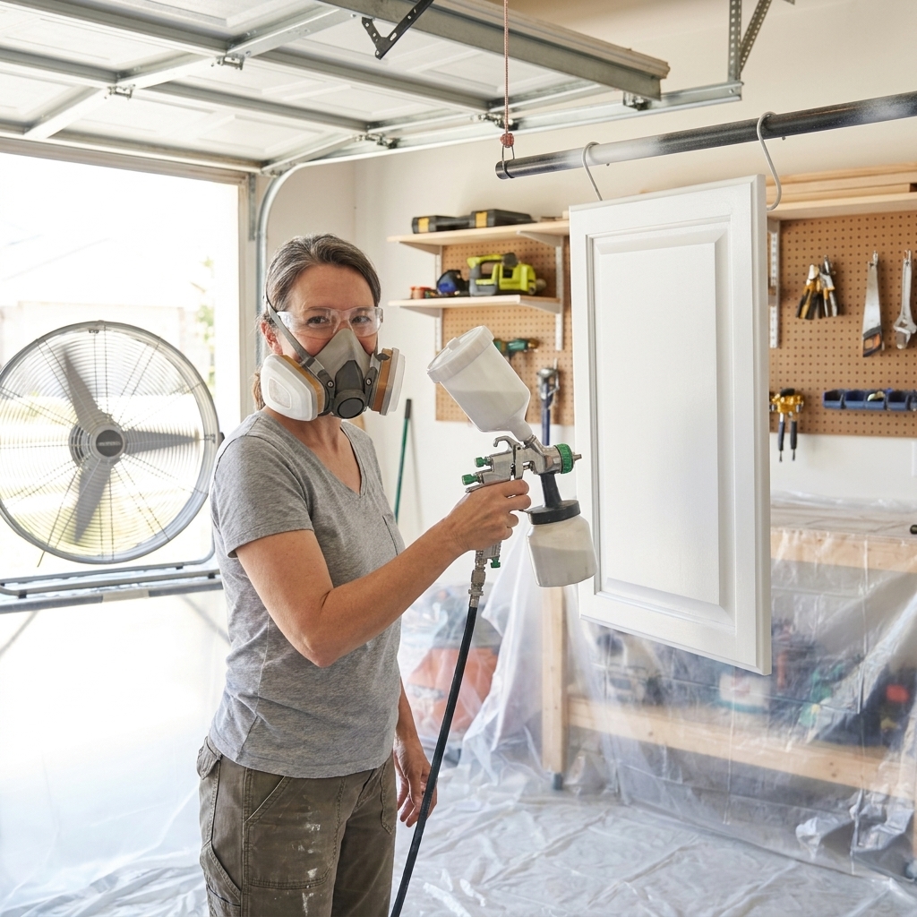 A person using an HVLP paint sprayer to coat cabinet doors in a well-ventilated garage workspace