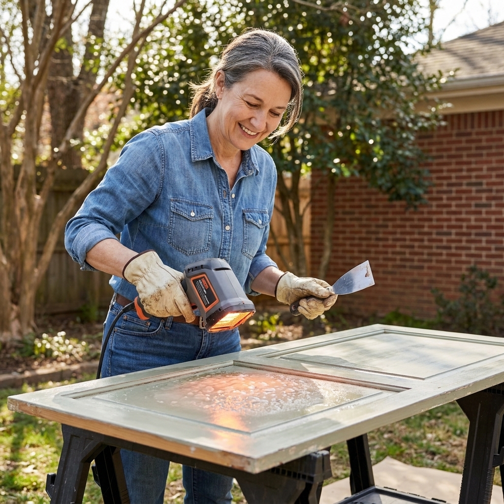 A person using an infrared paint removal tool on a flat cabinet door outdoors, holding a metal scraper nearby while paint softens