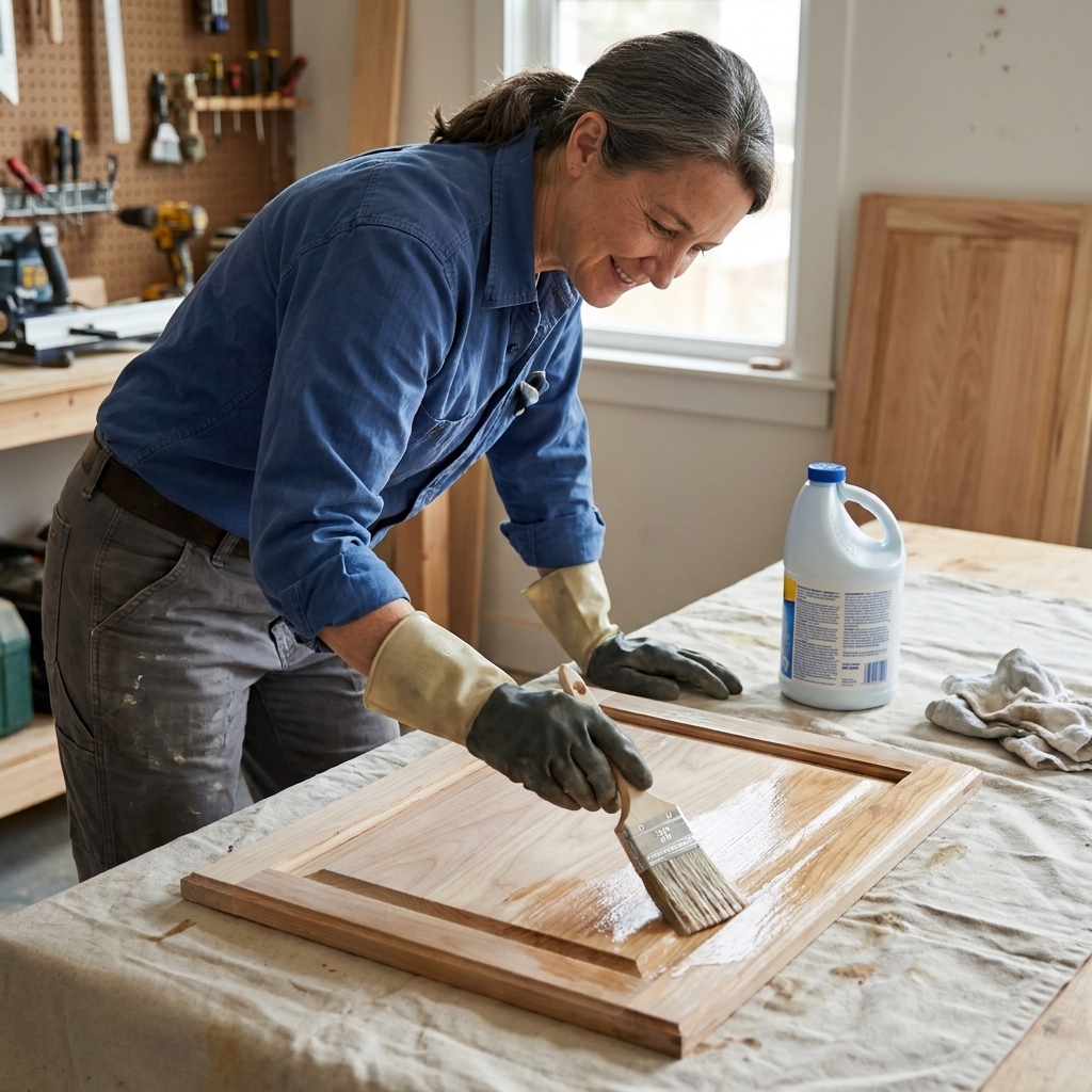 A person wearing gloves brushing a clear wood bleach solution onto a sanded cabinet door laid flat on a drop cloth