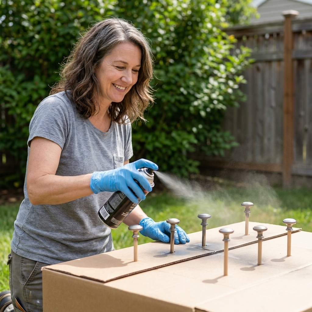 A person wearing nitrile gloves spray painting cabinet knobs outdoors on a calm day, knobs raised on small supports over cardboard