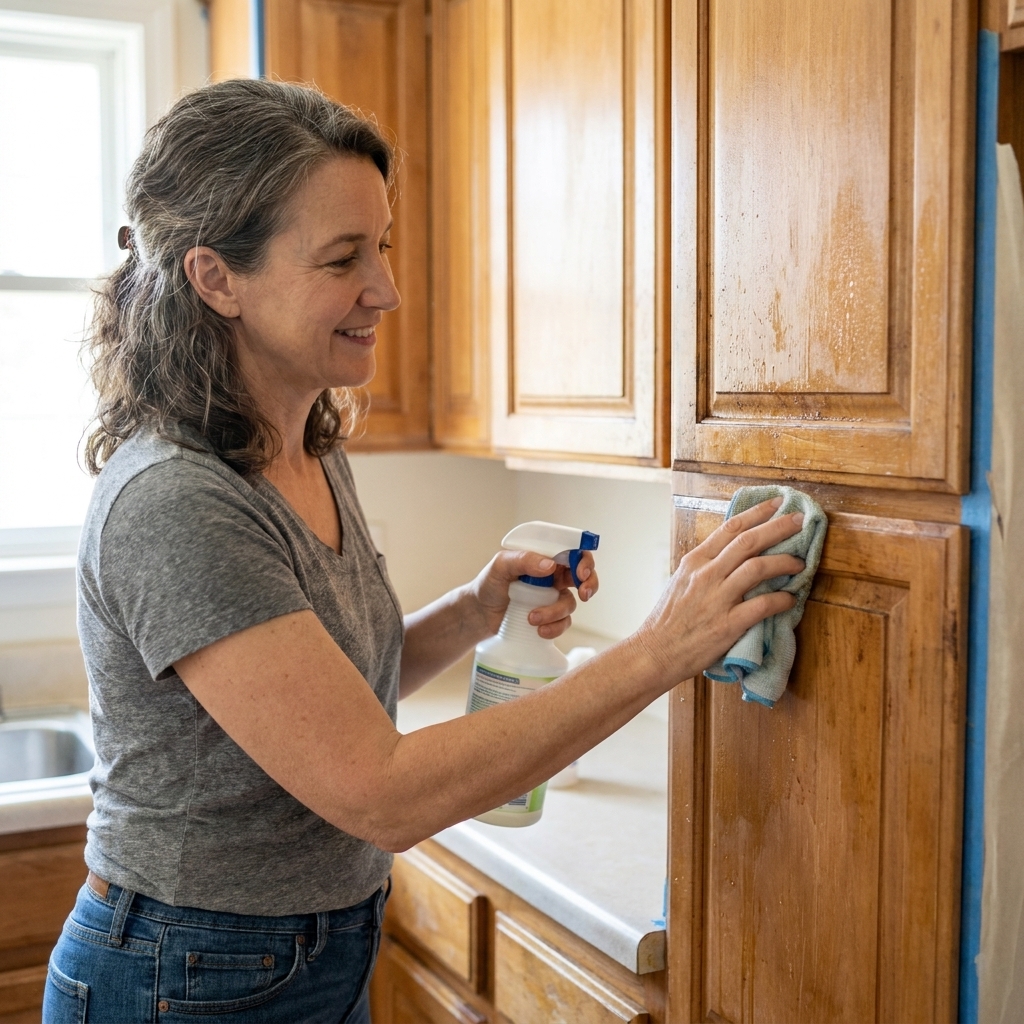 A person wiping down greasy kitchen cabinet fronts with a cleaning cloth and spray cleaner before painting