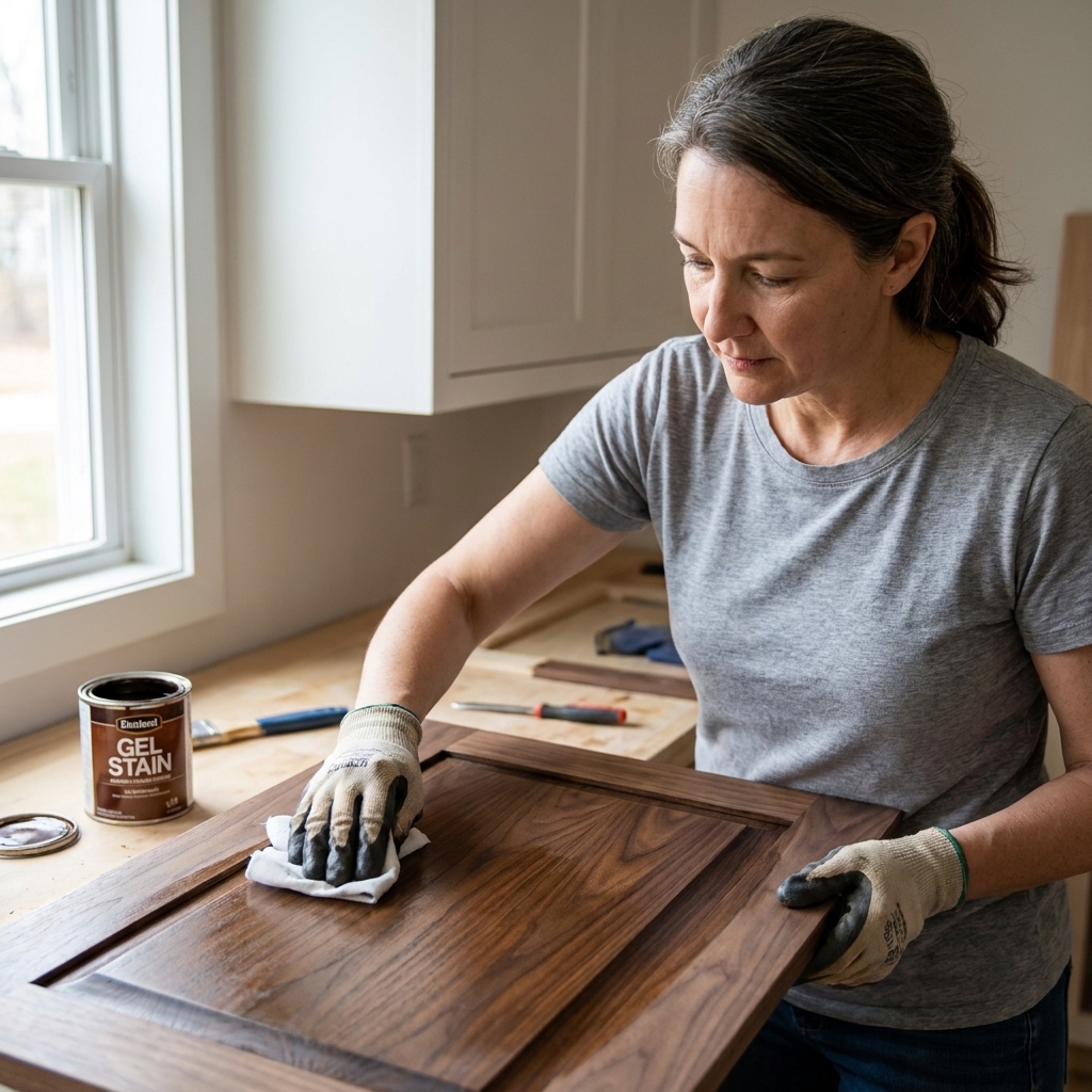 A person wiping gel stain along the grain of a cabinet door with a lint-free cloth, leaving an even darker tone behind