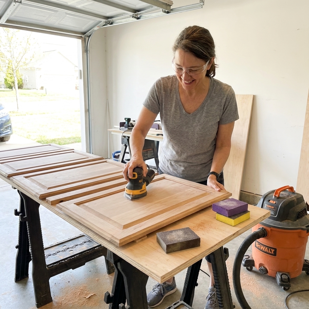 A photo of several cabinet doors laid flat on sawhorses in a garage workspace, with sanding sponges, a detail sander, and a shop vacuum nearby