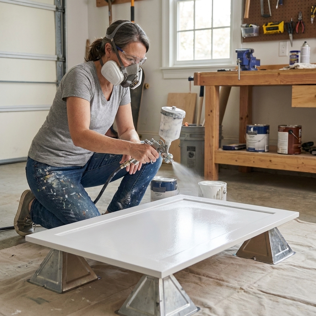 A primed shaker cabinet door lying flat on painter's stands while a DIYer sprays an even wet coat