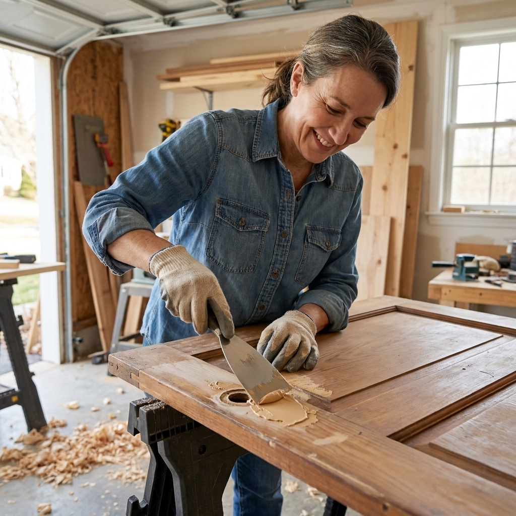 A putty knife spreading wood filler across an old knob hole on a cabinet door resting on sawhorses