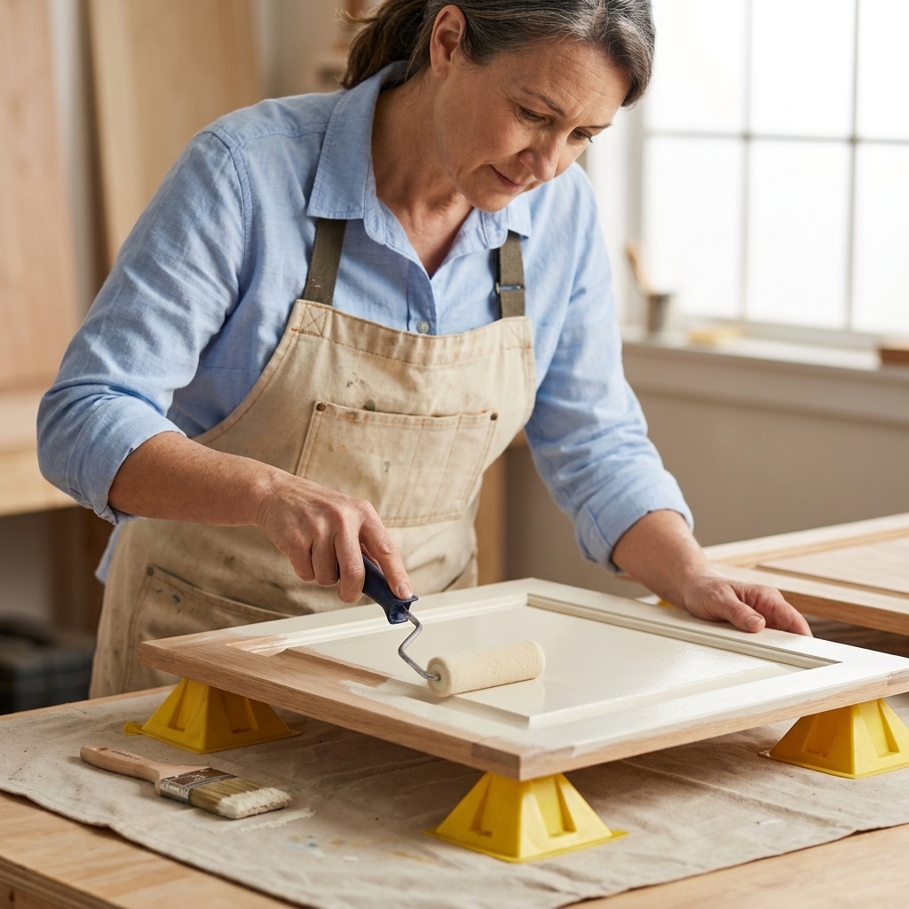 A raised panel cabinet door lying flat on painter pyramids while a small roller applies paint to the center panel and a brush sits nearby