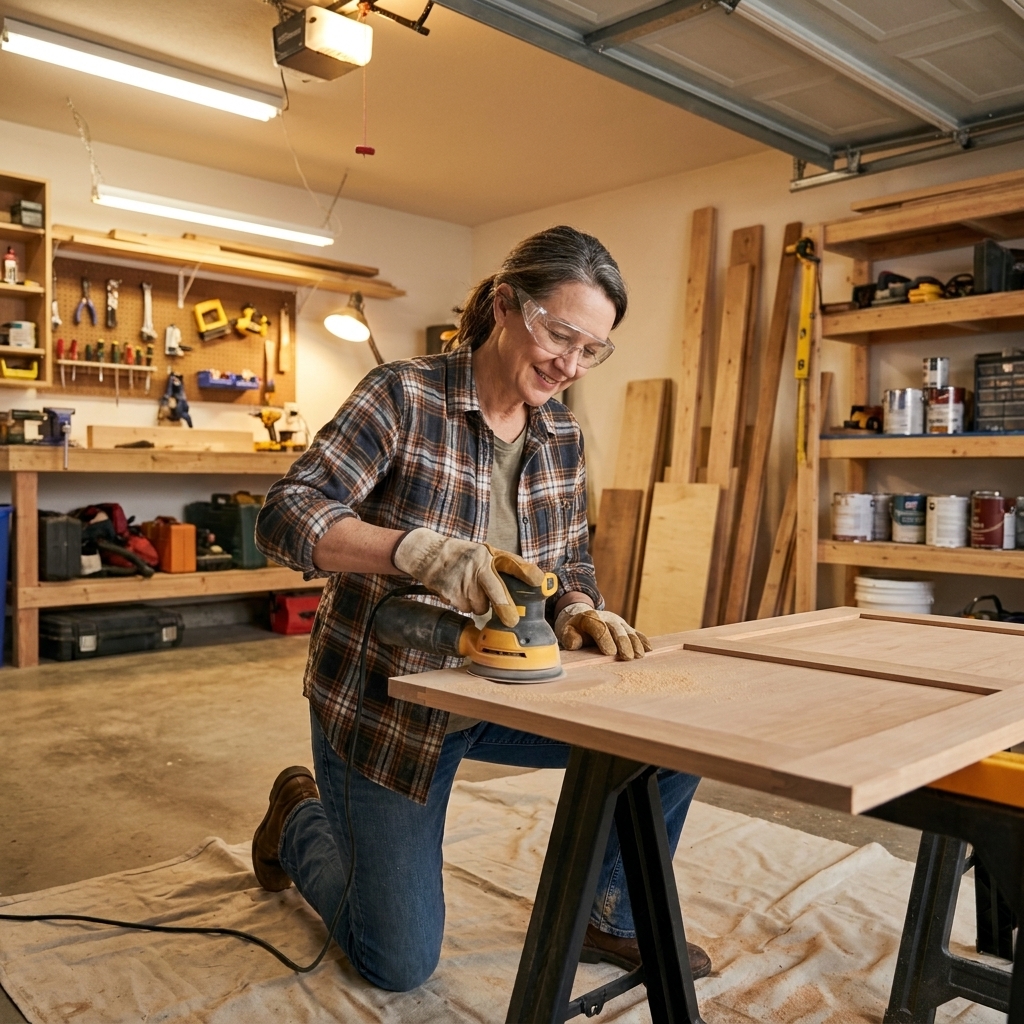 A random orbital sander being used on a flat cabinet door laid on a drop cloth in a garage workspace