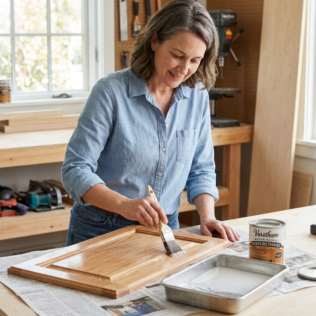 A real kitchen cabinet door removed and laid flat while a person applies a clear water-based polyurethane using a synthetic bristle brush, with a paint tray nearby