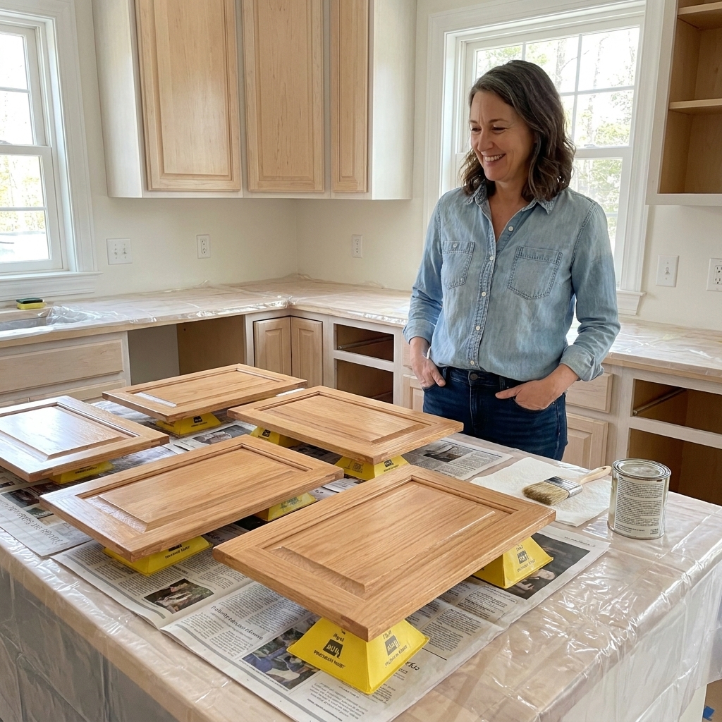 A real kitchen scene with cabinet doors propped on painter's pyramids to dry after a clear coat, with hardware removed and a clean work area