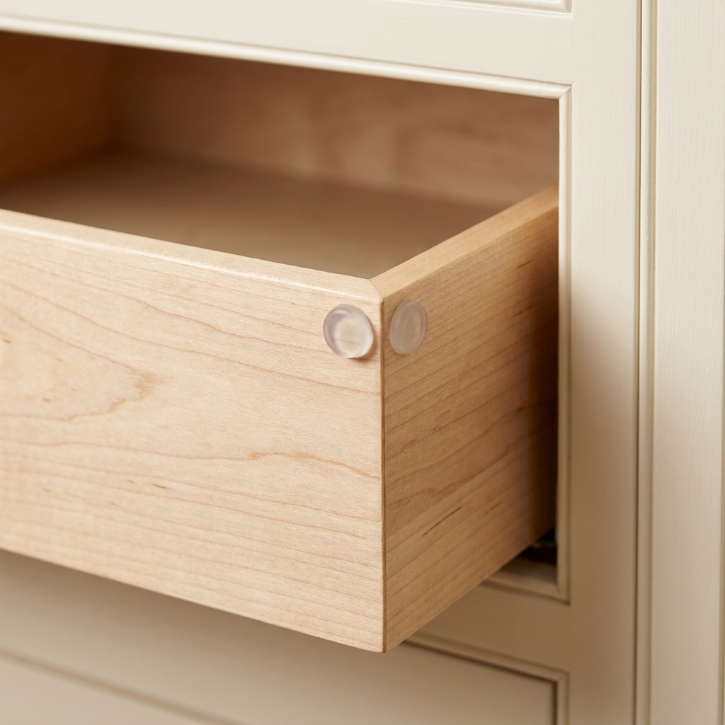 A real-life close-up of a kitchen drawer box corner with a small clear rubber bumper applied where the drawer meets the cabinet frame