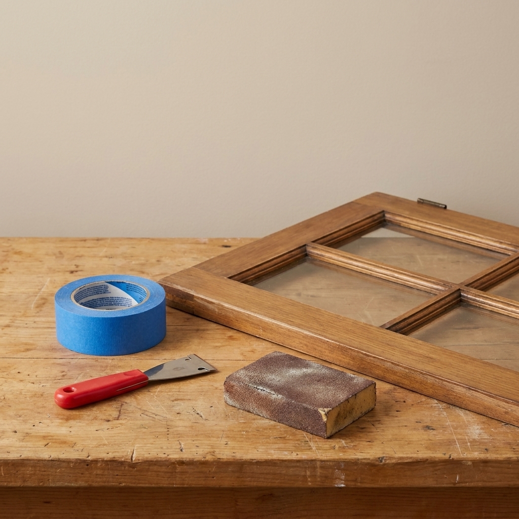 A roll of painter's tape, a small razor scraper, and a sanding sponge arranged on a workbench next to a glass-front cabinet door
