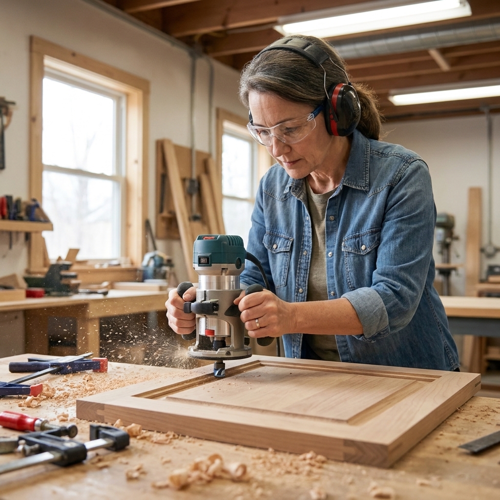 A router with a rabbeting bit cutting a shallow ledge around the inside opening on the back of a cabinet door
